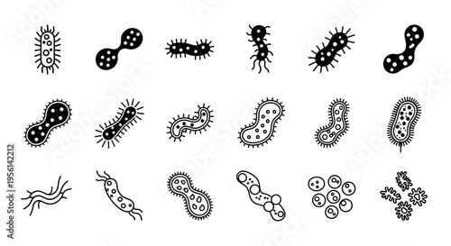 Set of Hand-Drawn Microorganism Icons: Bacteria, Viruses, and Cells