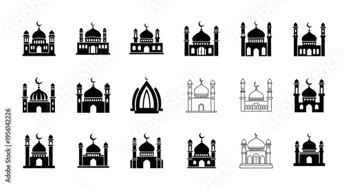 Mosque Icons Collection: Islamic Architecture Symbols, Religious Buildings Vector Set