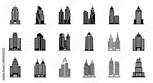 Modern Skyscraper Icons Collection: Diverse City Building Silhouettes