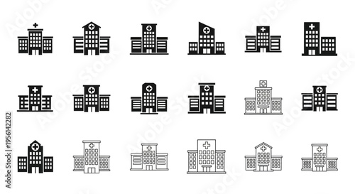 Hospital Building Icons Set, Medical Clinic Facade Collection, Healthcare Architecture Vector Graphics