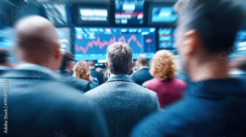 Business people watch the stock market, viewing trading charts and financial data.