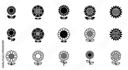 Sunflower Icons Set: Collection of Black and White Stylized Floral Graphics