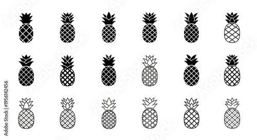Set of Pineapple Icons, Tropical Fruit Silhouettes, Vector Graphics