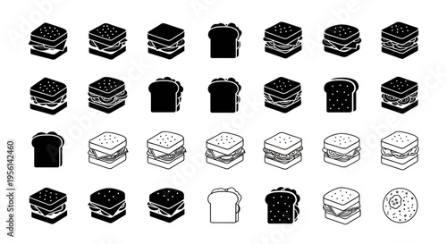 Sandwich Icons Set: Isometric Illustrations of Various Sandwiches and Toast