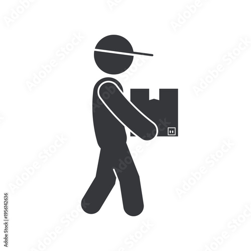 Isolated pictogram of courier carrying package box while walking representing delivery service, shipping process, logistics activity, and parcel distribution concept