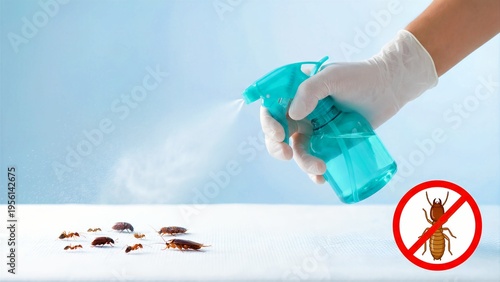 Professional pest control technician wearing white gloves sprays a targeted insecticide treatment against common household insects like ants and beetles for immediate extermination.