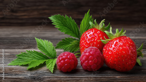 Fresh strawberries and raspberries are attractively arranged with green leaves on a rustic wooden surface, showcasing the vibrant colors and textures of summer fruits.