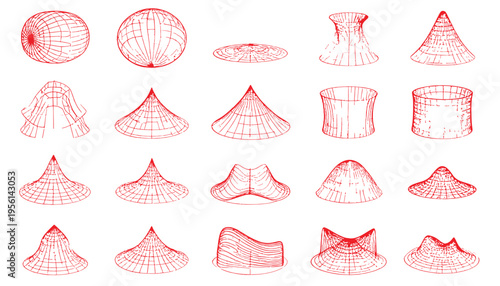 Architectural Sketches: A collection of architectural sketches showcasing diverse geometric shapes, rendered in a striking wireframe style, revealing intricate forms and design concepts.