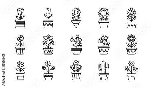Minimal potted flower outline icons thin line floral vector collection