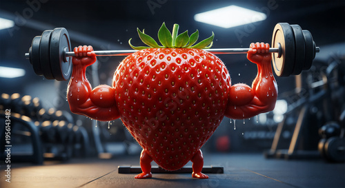 Muscular strawberry lifting heavy barbell in gym, anthropomorphic healthy fruit character for fitness motivation bodybuilding sports nutrition and wellness lifestyle creative advertising concept.