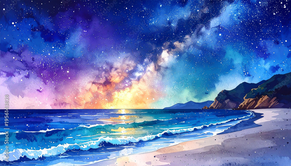 Fototapeta premium 天の川と星空が広がる幻想的な夜のビーチ 水彩画風