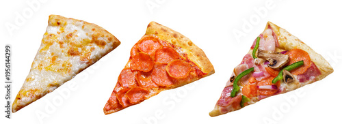 set of various slices of pizza isolated on transparent background