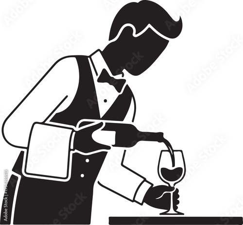 A sommelier expertly pouring red wine into a glass with precision and care silhouette vector icon