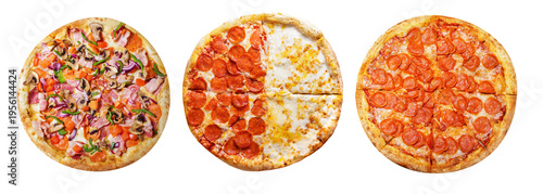 set of various pizza isolated on transparent background, top view