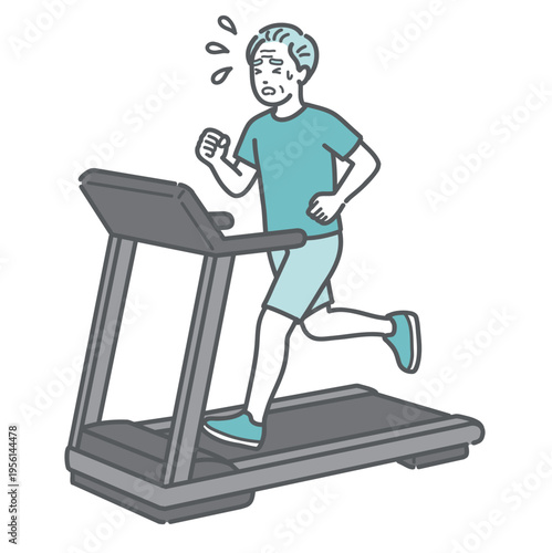 トレッドミルで汗をかいて苦しそうに走るシニア男性のイラスト（疲労・注意喚起）