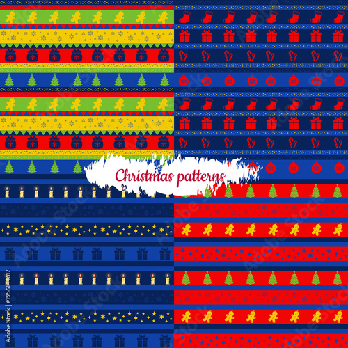 Set of Christmas Seamless Patterns with Holiday Ornaments