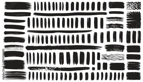 Ink Strokes Pattern: A detailed overhead shot showcases an assorted array of brush strokes, each uniquely applied in black ink. The collection ranges from fine lines to thick blocks.
