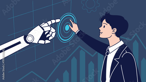 AI Generated Business Robot and Human Collaboration Concept Illustration Set