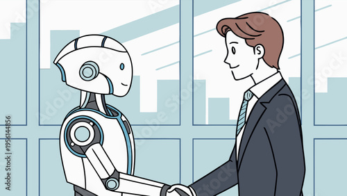 AI Generated Business Robot and Human Collaboration Concept Illustration Set