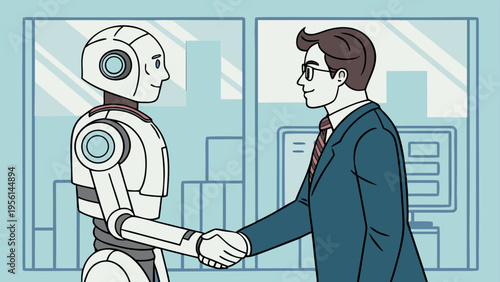 AI Generated Business Robot and Human Collaboration Concept Illustration Set