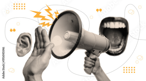 Trendy halftone collage,angry mouth shouting ,hand holding loudspeaker and human ear,creative concept of voice,listening and communication