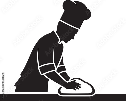 Chef skillfully preparing a dish in a professional kitchen setting silhouette vector icon