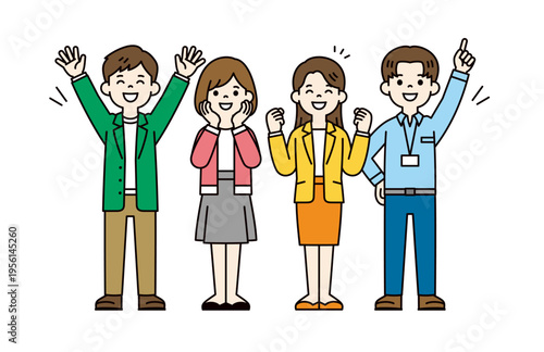 笑顔で喜ぶ・楽しそうな表情の複数の若い男女のビジネスパーソンの全身ベクターイラスト素材セット