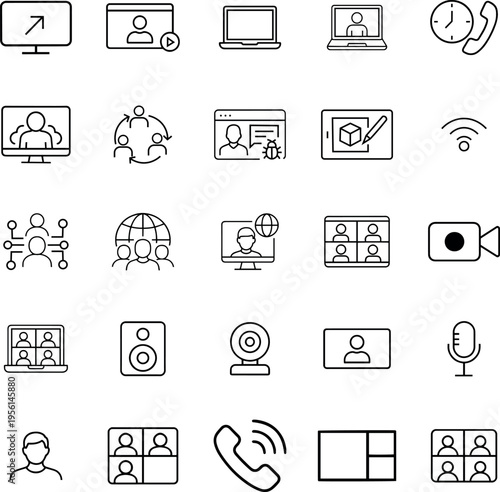 A comprehensive set of black and white outline icons representing remote work and communication tools