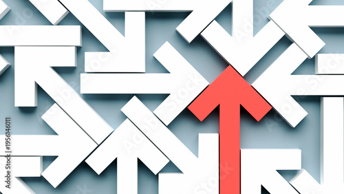 Fotografía Single red arrow pointing upward among chaotic white arrows representing standou