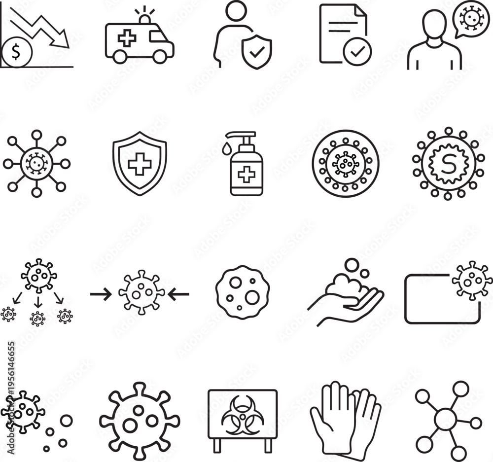 Fototapeta premium A collection of thin line icons representing medical concepts and virus protection procedures