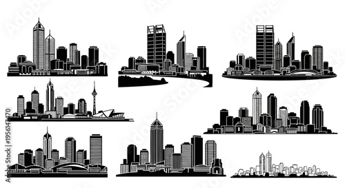 Cityscape Silhouettes Collection: Modern Skylines and Urban Architecture