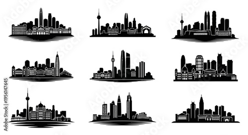 Cityscape Silhouettes: Collection of Diverse Urban Skylines in Black and White