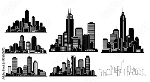 Cityscape Silhouettes: Collection of Diverse Urban Skylines in Black and White