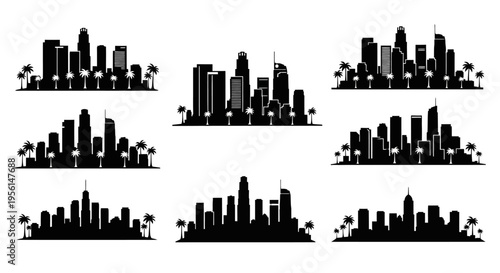 Cityscape Silhouettes: Collection of Diverse Urban Skylines with Palm Trees
