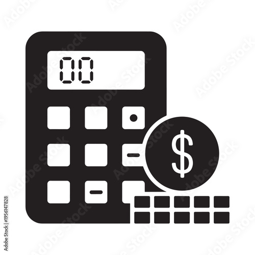 A black silhouette of a calculator with a dollar sign and coins