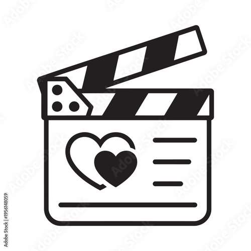 A black and white clapperboard icon with a heart design inside
