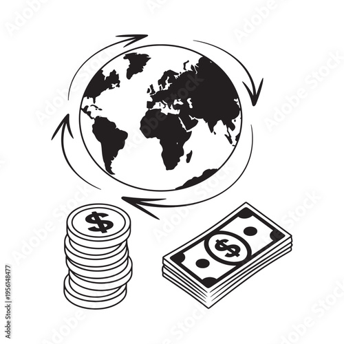 Global finance and international transactions visualized with earth money and arrows