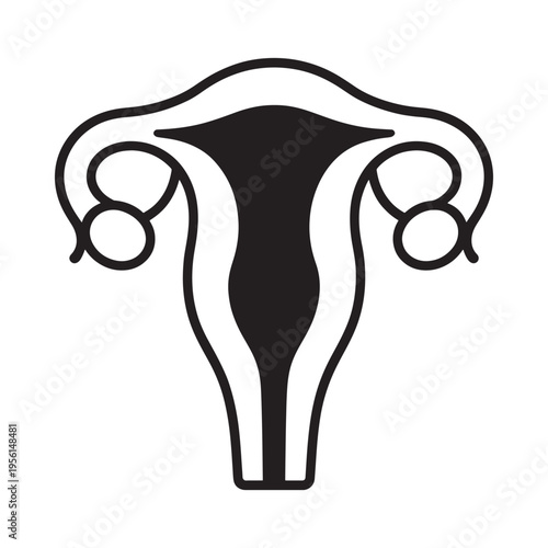 A simple black and white illustration of a female uterus with fallopian tubes