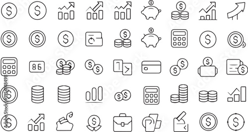 set of icons for web. Financial profit set of web icons in line style. Money income linear icon collection. Containing money savings, finance, growth, investment, payment, earnings, management 