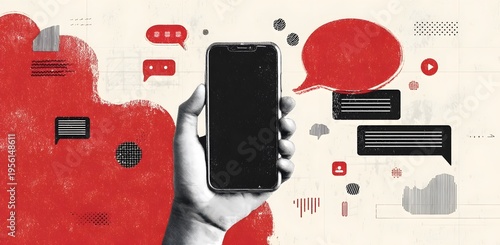 Halftone grunge illustration shows a hand holding a dark screen smartphone surrounded by red and black speech bubbles and abstract digital communication icons on an off white background symbolizing mo