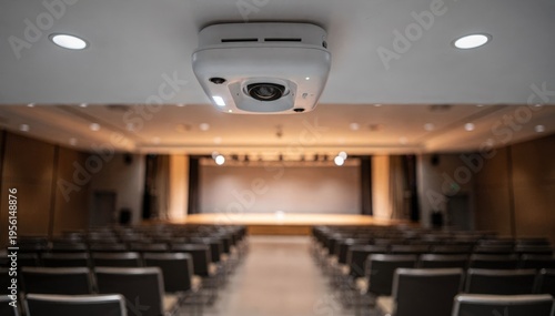 Medium shot of sleek ceiling sensor unit monitoring auditorium temperature and occupancy with blurred stage and seating background for IoT environment control.