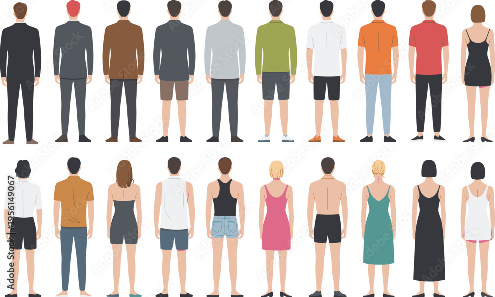 Fototapeta premium Collection of diverse men and women characters seen from back view featuring various outfits hairstyles and body types.