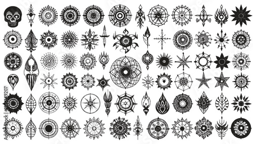 Mystical Emblems Collection: A curated collection of meticulously crafted, intricate, and enigmatic emblems, each exuding a unique allure of ancient mysticism, symbols for design inspiration.