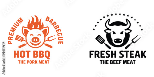 barbeque grill bbq barbecue emblem badge set vintage logo vector graphic template, retro food label design with fire flames smoker typography, classic american style branding for restaurant menu packa