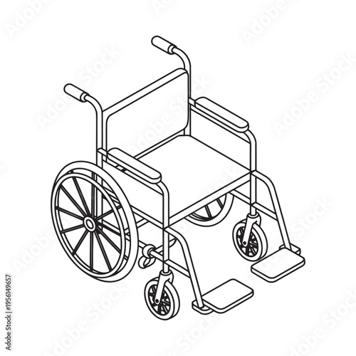 Isometric illustration of a manual wheelchair with large rear wheels and armrests