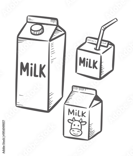 Black and white line of three milk cartons with straw and cow beverage