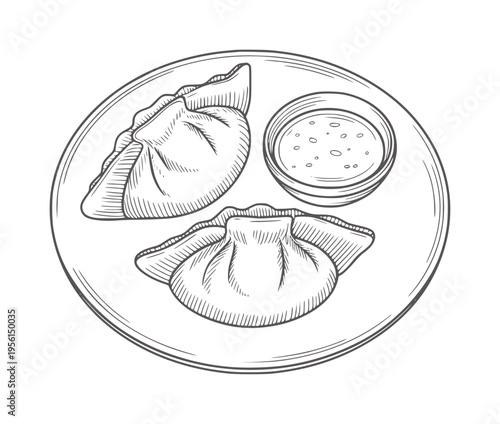 Black and white line of two dumplings and dipping sauce a plate