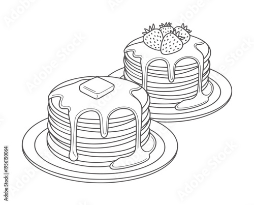 Black and white line of two stacks of pancakes with syrup and fruit
