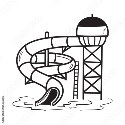 Simple black and white illustration of a water slide and tower structure