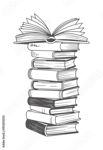 Black and white of a tall stack of open and closed books